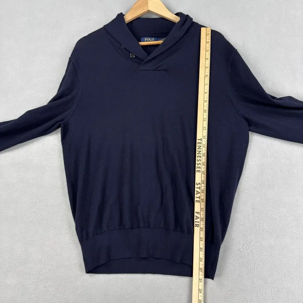 Polo Ralph Lauren Sweater Mens Large Navy Merino Wool Shawl Collar Knit Pullover